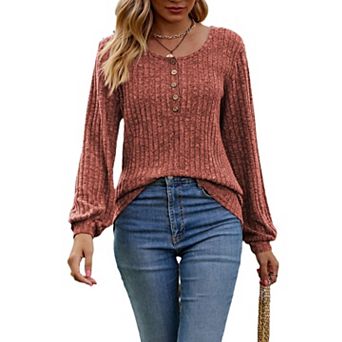 Women's Casual Solid Color Button Crew Neck Long Sleeve Shirt Tops