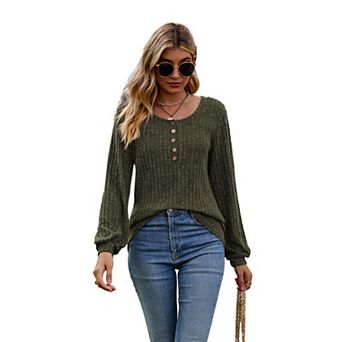 Women's Casual Solid Color Button Crew Neck Long Sleeve Shirt Tops