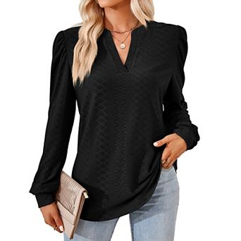 Women's V Neck Puff Long Sleeve Eyelet Blouse Loose Fit Dressy Casual Shirts