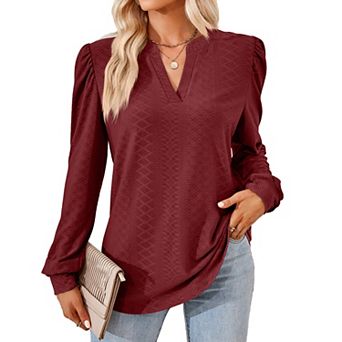 Women's V Neck Puff Long Sleeve Eyelet Blouse Loose Fit Dressy Casual Shirts