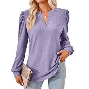 Women's V Neck Puff Long Sleeve Eyelet Blouse Loose Fit Dressy Casual Shirts