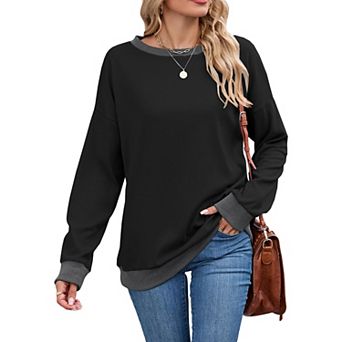 Women Crewneck Long Sleeve Loose Fit Tops Color Block Ribbed Tunic Tops