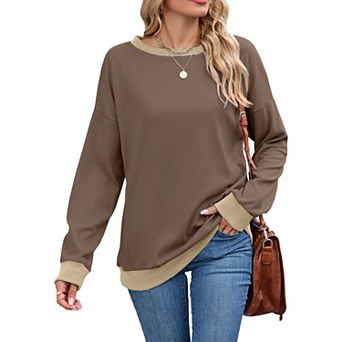 Women Crewneck Long Sleeve Loose Fit Tops Color Block Ribbed Tunic Tops