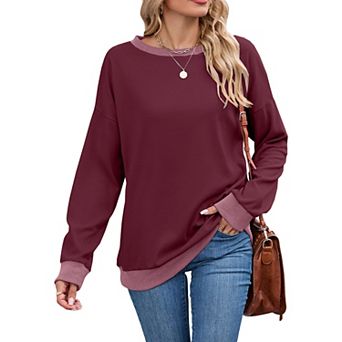 Women Crewneck Long Sleeve Loose Fit Tops Color Block Ribbed Tunic Tops