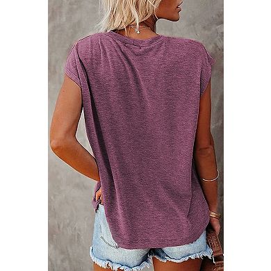 Womens Summer Short Sleeve Shirts Solid Loose Fit Pocket Tunic Tops