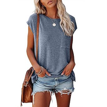 Womens Summer Short Sleeve Shirts Solid Loose Fit Pocket Tunic Tops