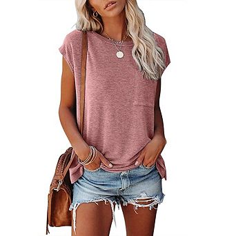 Womens Summer Short Sleeve Shirts Solid Loose Fit Pocket Tunic Tops
