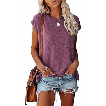 Womens Summer Short Sleeve Shirts Solid Loose Fit Pocket Tunic Tops