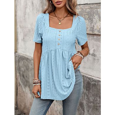 Summer Shirts for Women Trendy Square Neck Short Sleeve Button Blouse
