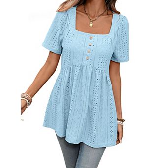 Summer Shirts for Women Trendy Square Neck Short Sleeve Button Blouse