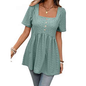 Summer Shirts for Women Trendy Square Neck Short Sleeve Button Blouse