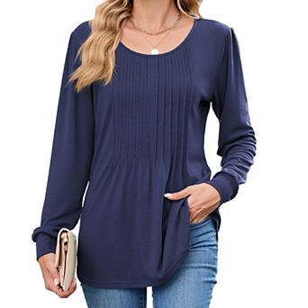 Women Long Sleeve Dressy Casual Blouses Pleated V Neck Tops
