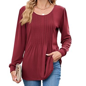 Women Long Sleeve Dressy Casual Blouses Pleated V Neck Tops