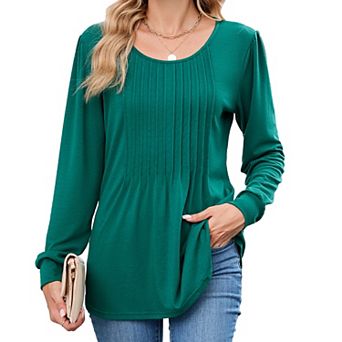 Women Long Sleeve Dressy Casual Blouses Pleated V Neck Tops