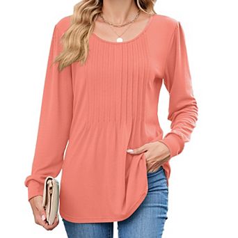 Women Long Sleeve Dressy Casual Blouses Pleated V Neck Tops