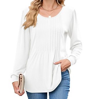 Women Long Sleeve Dressy Casual Blouses Pleated V Neck Tops