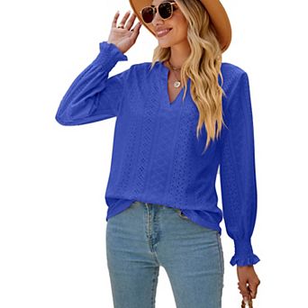 Womens Long Sleeve Blouses Dressy Casual V Neck Hollow Out Shirts