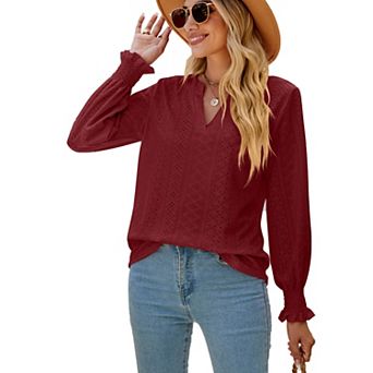 Womens Long Sleeve Blouses Dressy Casual V Neck Hollow Out Shirts
