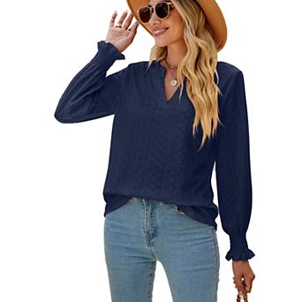 Womens Long Sleeve Blouses Dressy Casual V Neck Hollow Out Shirts