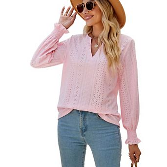 Womens Long Sleeve Blouses Dressy Casual V Neck Hollow Out Shirts