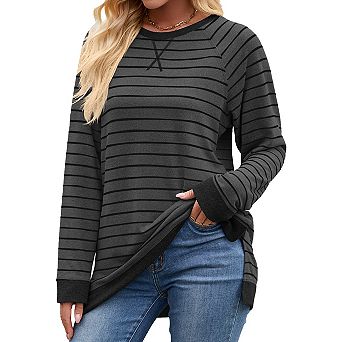 Womens Casual Striped Long Sleeve Shirt Trendy Crew Neck Slim Loose Fit Blouses