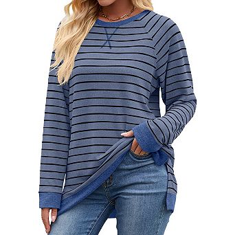Womens Casual Striped Long Sleeve Shirt Trendy Crew Neck Slim Loose Fit Blouses