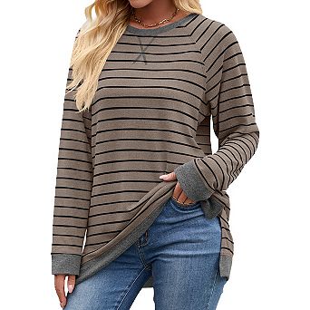 Womens Casual Striped Long Sleeve Shirt Trendy Crew Neck Slim Loose Fit Blouses