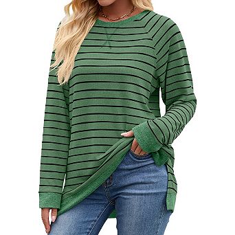 Womens Casual Striped Long Sleeve Shirt Trendy Crew Neck Slim Loose Fit Blouses