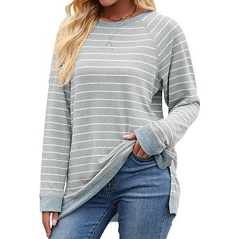 Womens Casual Striped Long Sleeve Shirt Trendy Crew Neck Slim Loose Fit Blouses