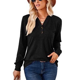 Womens Long Sleeve Tops V Neck Casual Shirts Button Dressy Trendy Blouses