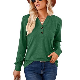 Womens Long Sleeve Tops V Neck Casual Shirts Button Dressy Trendy Blouses