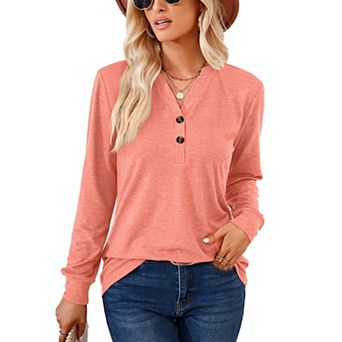 Womens Long Sleeve Tops V Neck Casual Shirts Button Dressy Trendy Blouses