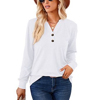 Womens Long Sleeve Tops V Neck Casual Shirts Button Dressy Trendy Blouses