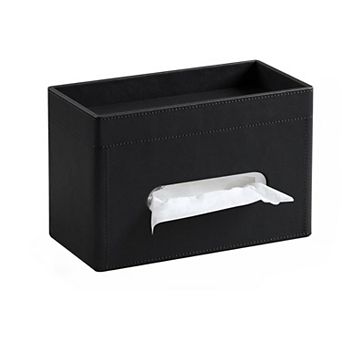 KSIZUIS Rectangle PU Leather Tissue Box Cover with Storage Tray-Black for Bathroom & Bedroom