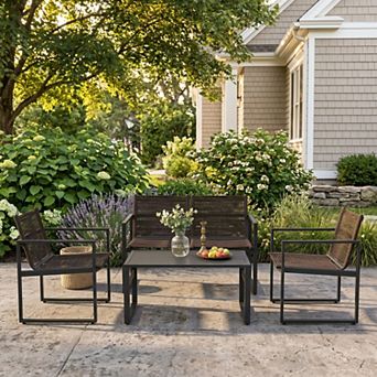 4 pc All Weather PE Rattan Patio Conversation Set with Loveseat & Glass Coffee Table
