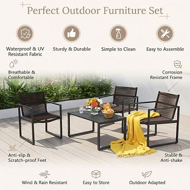 4 Piece All Weather PE Rattan Patio Conversation Set with Loveseat & Glass Coffee Table