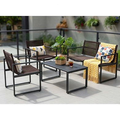 4 Piece All Weather PE Rattan Patio Conversation Set with Loveseat & Glass Coffee Table