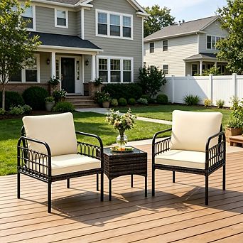 3 pc Gray Wicker Patio Conversation Set with Comfort Seat Cushions for Small Yard