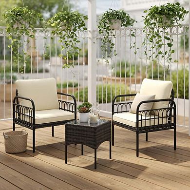3 Piece Gray Wicker Patio Conversation Set with Comfort Seat Cushions for Small Yard