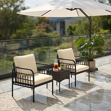 3 Piece Gray Wicker Patio Conversation Set with Comfort Seat Cushions for Small Yard