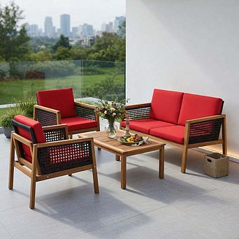 4 pc Red PE Rattan Patio Conversation Set with Removable Zippered Seat Cushions