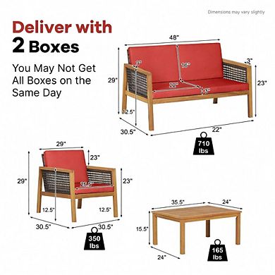 4 Piece Red PE Rattan Patio Conversation Set with Removable Zippered Seat Cushions