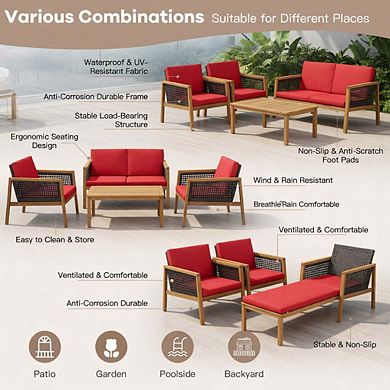 4 Piece Red PE Rattan Patio Conversation Set with Removable Zippered Seat Cushions