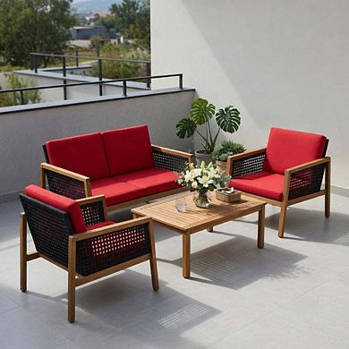 4 Piece Red PE Rattan Patio Conversation Set with Removable Zippered Seat Cushions