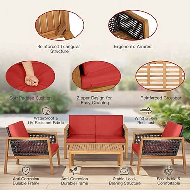 4 Piece Red PE Rattan Patio Conversation Set with Removable Zippered Seat Cushions