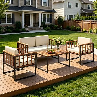 4 pc Acacia Wood Outdoor Sectional Sofa Set with Coffee Table for Balcony & Poolside