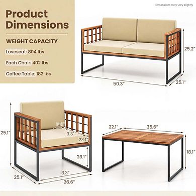 4 Piece Acacia Wood Outdoor Sectional Sofa Set with Coffee Table for Balcony & Poolside