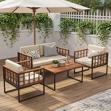 4 Piece Acacia Wood Outdoor Sectional Sofa Set with Coffee Table for Balcony & Poolside