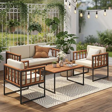 4 Piece Acacia Wood Outdoor Sectional Sofa Set with Coffee Table for Balcony & Poolside