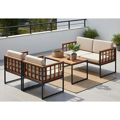 4 Piece Acacia Wood Outdoor Sectional Sofa Set with Coffee Table for Balcony & Poolside